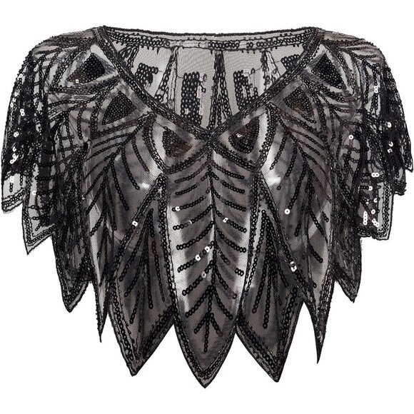 BABEYOND 1920s Sequin Black Shawl Wrap Evening Cape Bridal Bolero Flapper Cover - Picture 1 of 7